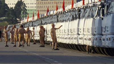 Trucks parked in a line