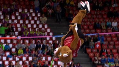 European Championship mascot Cooly pole vaults