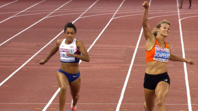 Britain's Jodie Williams finishes second to Dutch sprinter Dafne Schippers