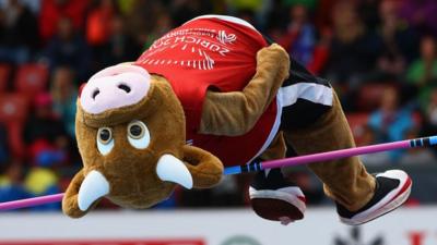 Cooly the mascot does the high jump at the European Athletics Championships in Zurich