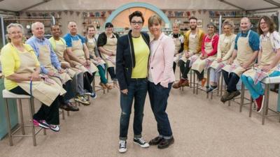 Sue Perkins and Mel Giedroyc with this year's Great British Bake Off contestants