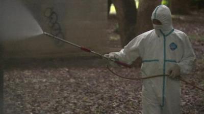 Person spraying Yoyogi Park fro Dengue Fever