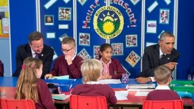 David Cameron and Barack Obama at Mount Pleasant Primary School, Newport