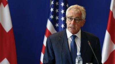 Chuck Hagel speaking at a news conference