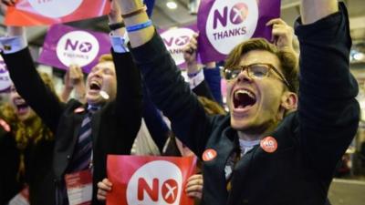 "Better Together" supporters celebrate the result of the Scottish referendum on independence at the count centre for the Scottish referendum at Ingleston Hall on September 19, 2014 in Edinburgh, Scotland