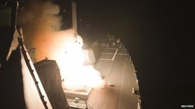 Tomahawk cruise missiles being launched