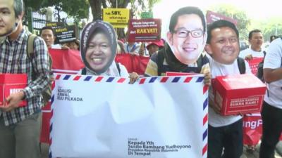 Indonesian protestors wearing masks