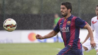 Luis Suarez scores twice playing for Barcelona B during a 6-0 friendly victory over an Indonesian Under-19s select XI