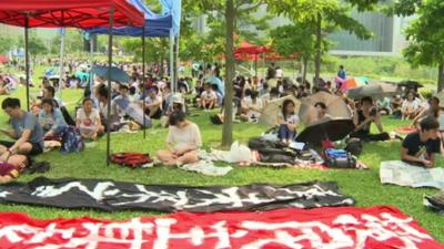 Students preparing for protests in a Hong Kong park