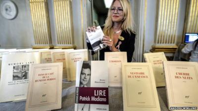 Books by Patrick Modiano on display after Nobel Literature Prize announcement