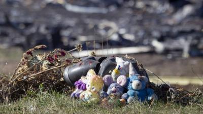 Toys are placed on front of wreckage at the site of the downed Malaysia Airlines flight MH17