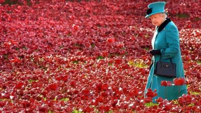 Queen Elizabeth II at the Tower of London's Blood Swept Lands and Seas of Red installation