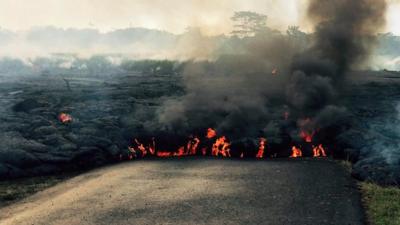 Lava flowing down the road