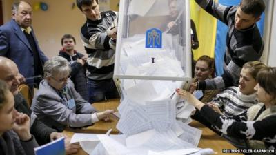 Ballot papers being tipped out of a box ready for counting following Ukraine's parliamentary election on 26 October 2014