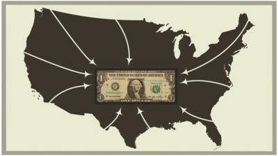 Illustration of USA with arrow pointing to dollar bill