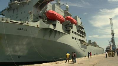 HMS Argus docked in Sierra Leone