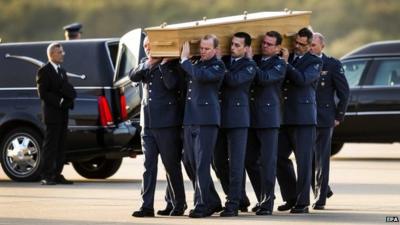 Coffin carried to a hearse