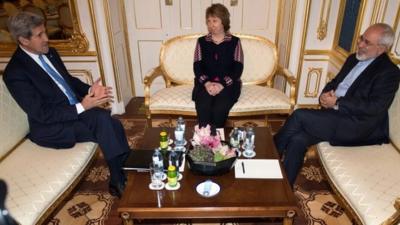 US Secretary of State John Kerry, former EU Foreign Policy Chief Catherine Ashton and Iranian Foreign Minister Mohammad Javad Zarif