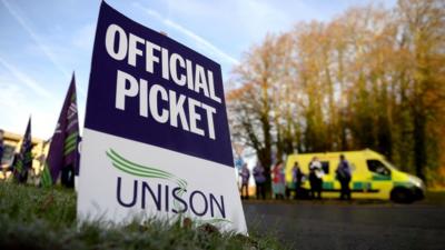 A view of the official picket line outside the Basingstoke and North Hampshire Hospital in Basingstoke