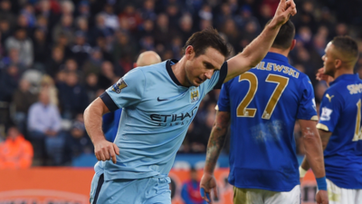 Frank Lampard celebrates after scoring for Manchester City against Leicester