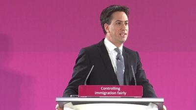 Labour party leader Ed Miliband giving a speech on immigration