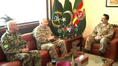 Pakistani army chief Raheel Sharif (R) meeting with General Sher Muhammad Karimi (L) Chief of General Staff Afghan National Army (ANA), and General John Campbell (C), Commander ISAF