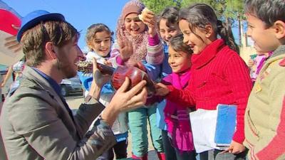 Clown interacting with Lebanese children