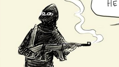 Cartoon showing gunman saying "He drew first" next to the body of a cartoonist