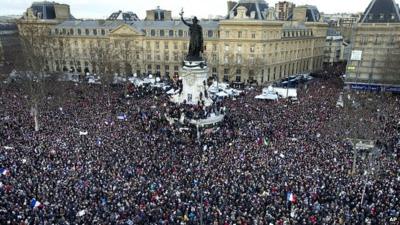 Thousands of people gather at Place de la Republique in Paris