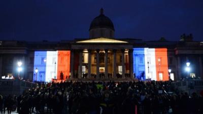 National Gallery illuminated in red, white and blue