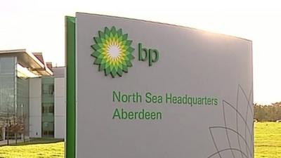 Sign outside BP North Sea Headquarters in Aberdeen