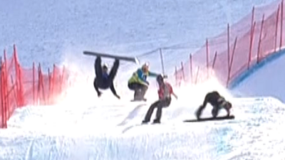 snowboarders tangle in big snow-cross crash