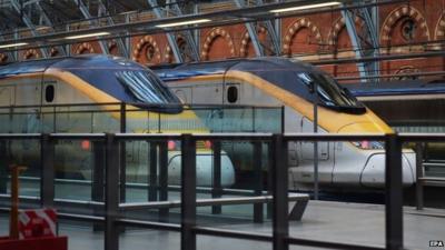 Two Eurostar trains parked at St Pancras International in London