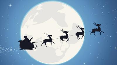 Father Christmas and reindeers silhouetted against the moon