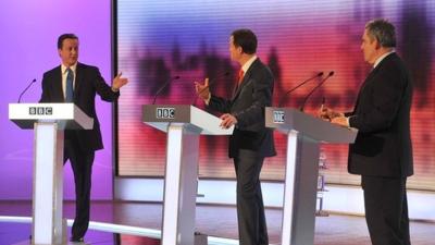 David Cameron, Nick Clegg and Gordon Brown participate in the final of three live televised debates in 2010