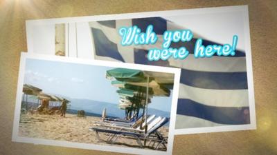 Postcard graphic showing Greek flag and beach