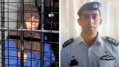 Sajida al-Rishawi and Moaz al-Kasasbeh (split picture)