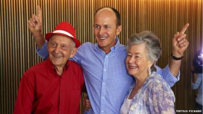 The father, brother (Andrew) and mother of journalist Peter Greste celebrate his release at a news conference in Brisbane