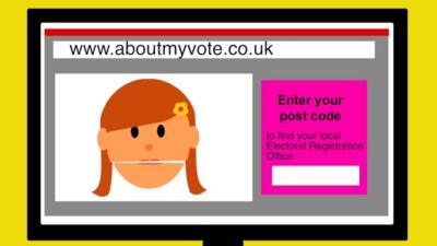 Cartoon of a computer with a woman on the voter registration website