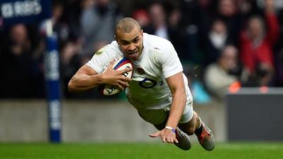 England centre Jonathan Joseph crosses the line