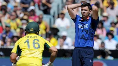 England bowler Jimmy Anderson reacts to Aaron Finch being dropped