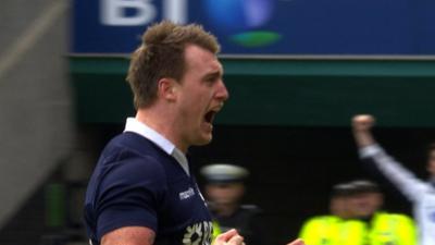 Stuart Hogg celebrates his try for Scotland