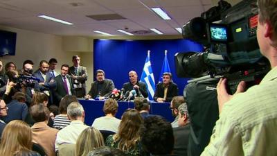 Greece's finance minister Yanis Varoufakis give press conference