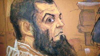 Abid Naseer, 28, listens to opening statements in his trial as seen in a courtroom sketch in Brooklyn, New York