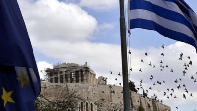 European and Greek flags near the Acropolis