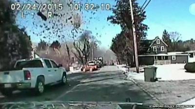 Image from Stafford Police Dept police car dashcam showing house exploding