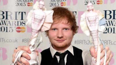 Ed Sheeran with two BRIT Awards