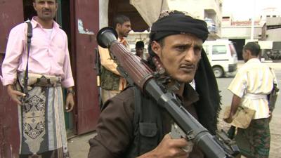 Tribal armed men loyal to President Abdrabbuh Mansour Hadi in Aden