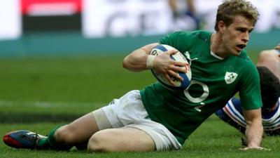 Andrew Trimble scores a try against France