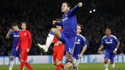 Chelsea's Belgian midfielder Eden Hazard celebrates after scoring the second goal from a penalty